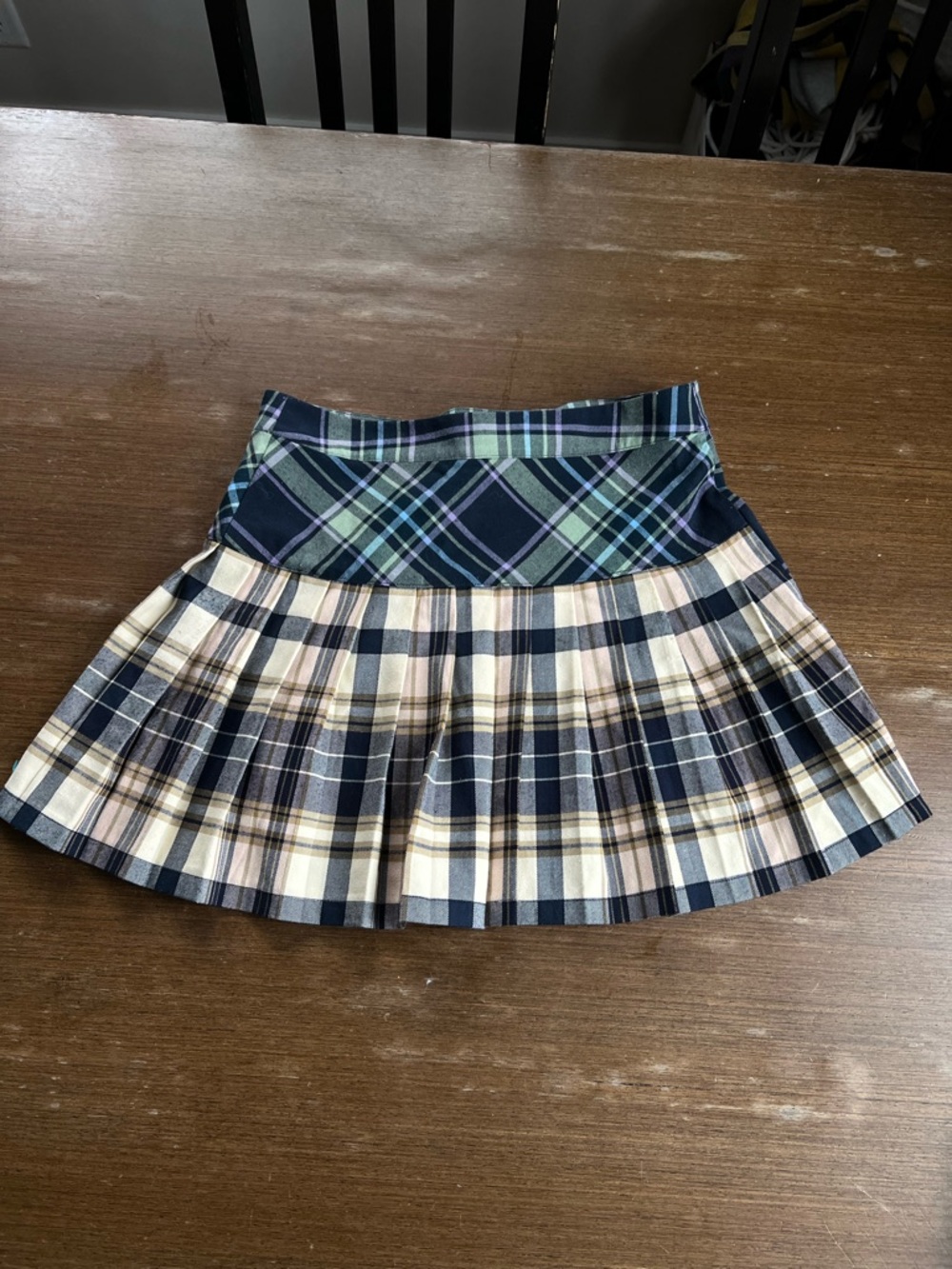 Urban Outfitters Double Plaid Pleated Mini Skirt in Navy, Cream & Green
